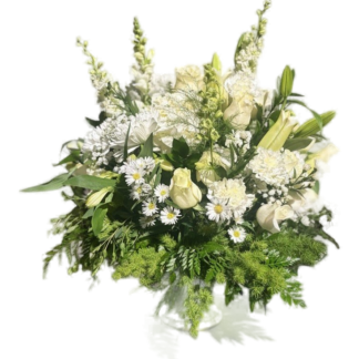 White sympathy vase arrangement with roses, snapdragons, lilies, and carnations