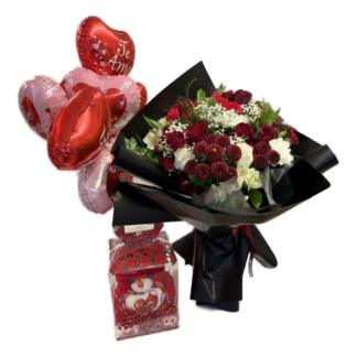 Red rose bouquet with heart-shaped balloons and a chocolate gift box for Valentine's Day
