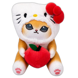 Orange tabby plush wearing Hello Kitty hood holding a red plush apple