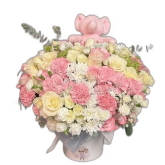 Pink and white rose and carnation arrangement with plush pink bear topper for new baby girl