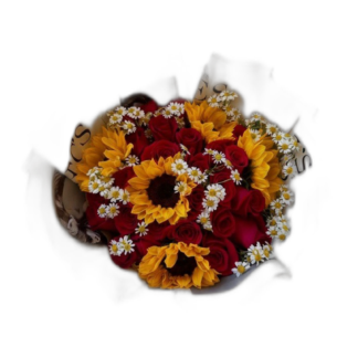Sunflower, red rose, and white daisy bouquet wrapped in craft paper