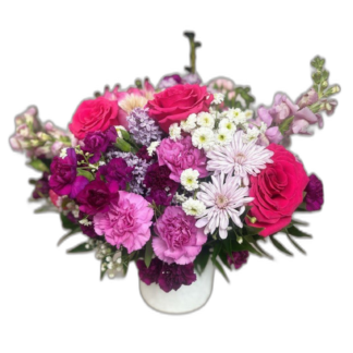 Red gerbera, pink chrysanthemum, and daisy mixed bouquet wrapped in white