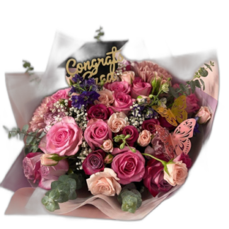 Pink and burgundy rose and gerbera graduation bouquet with Congrats Grad topper