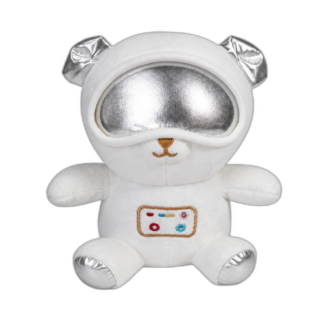 White plush bear in astronaut costume with silver reflective helmet visor