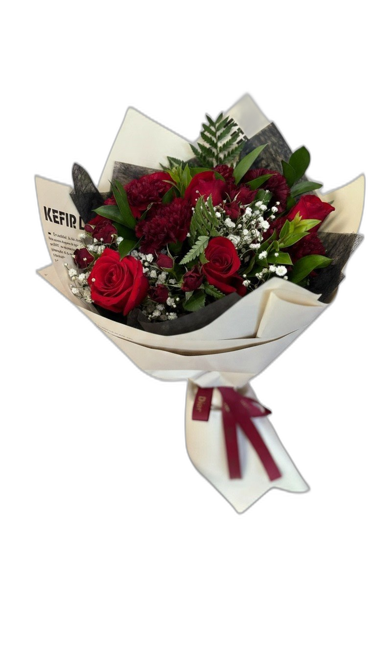 Red rose bouquet with baby's breath wrapped in black paper with red ribbon
