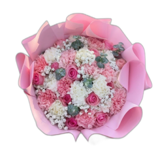 Pink and white gerbera, rose, and chrysanthemum bouquet in graduation-print wrap