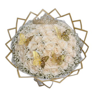 White rose bouquet with gold crown topper and gold butterfly accents and baby's breath