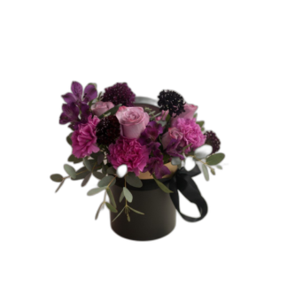 Purple rose and alstroemeria arrangement in a black round gift box