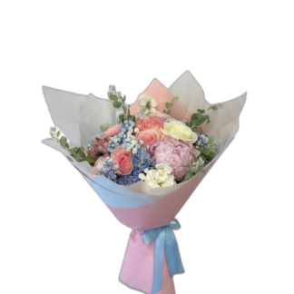 Pink and white rose and carnation bouquet with baby's breath in pink wrap