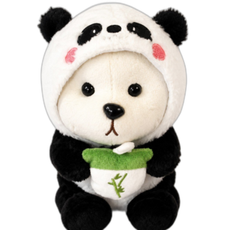 White bear plush wearing panda hood holding a green bamboo-themed cup