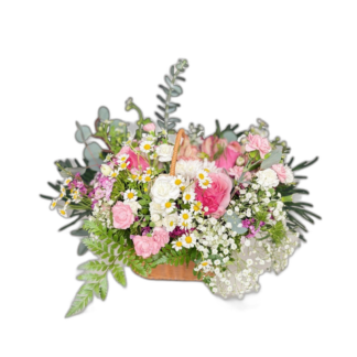 Pink rose and white daisy basket arrangement with eucalyptus greenery