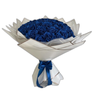 Blue glitter rose bouquet wrapped in white paper with blue ribbon