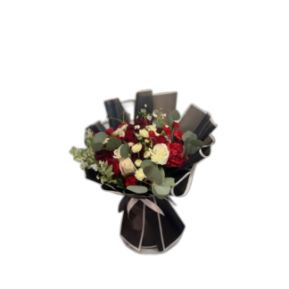 Red and white rose bouquet with gerberas and chrysanthemums wrapped in white