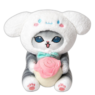 Grey cat plush wearing white bunny hood holding a pink fabric rose