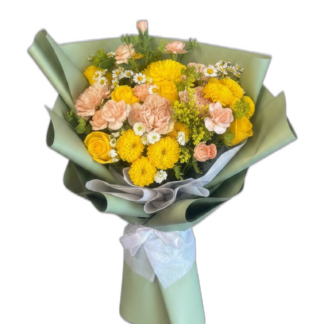 Bright yellow flower bouquet with radiant blooms wrapped in paper