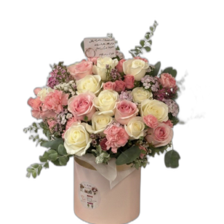 Cream and pink rose gift box arrangement for new baby girl