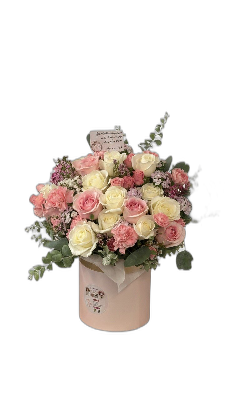Cream and pink rose gift box arrangement for new baby girl